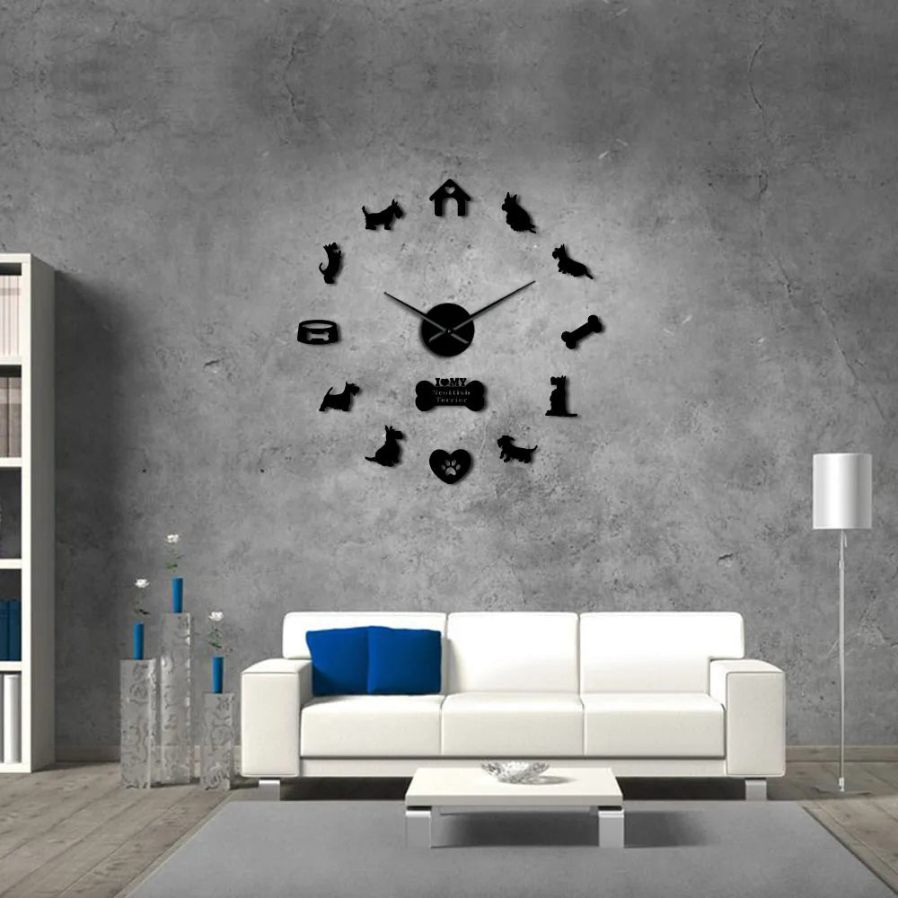 horloge murale moderne chien maison os cœur salon quartz aiguille noir doré stickers