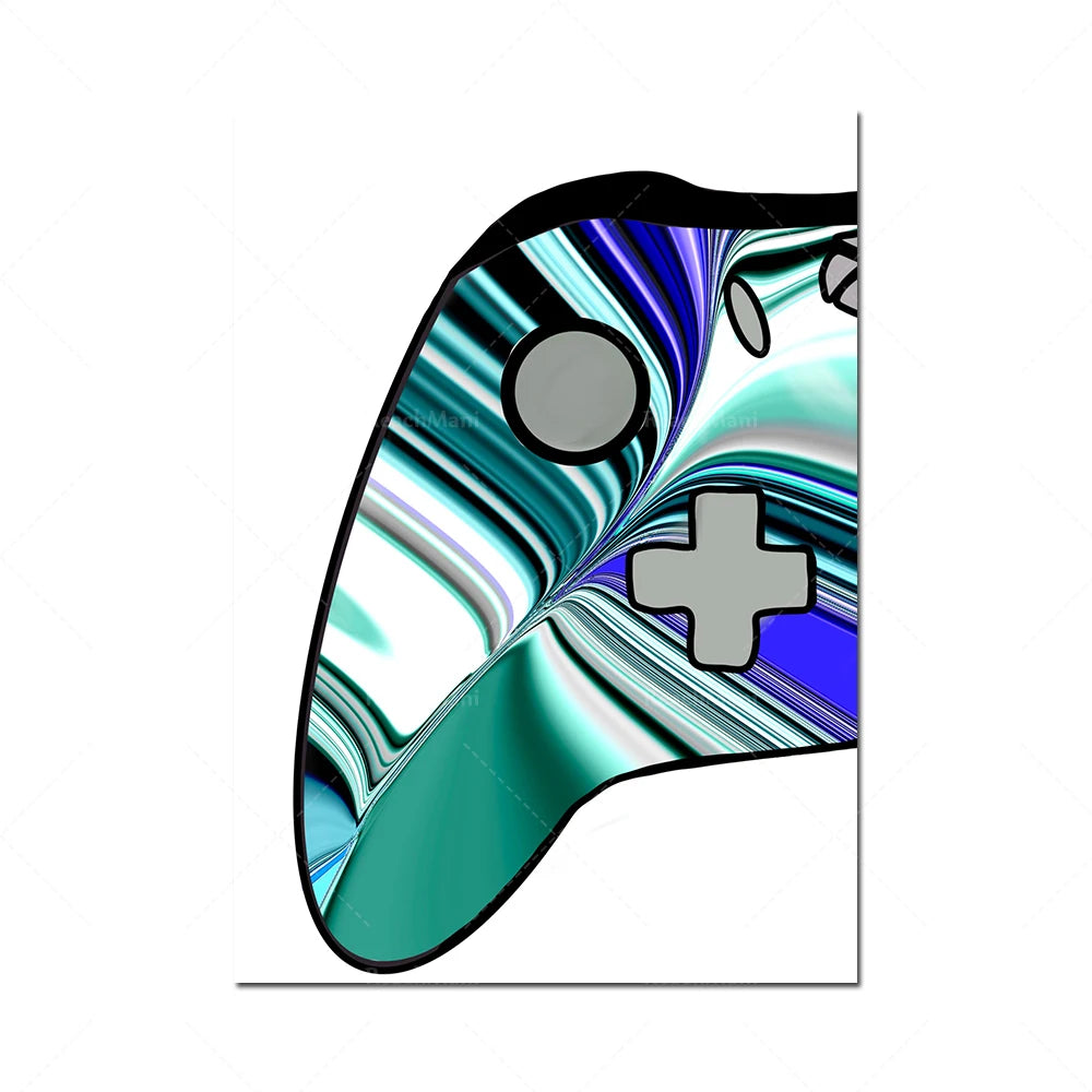 Une manette de jeu vidéo aux couleurs vibrantes et aux formes dynamiques.