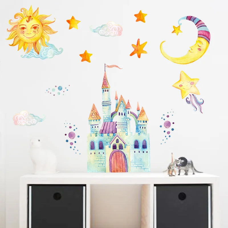 sticker mural dessin animé château soleil lune enfant decoratif adhesif multicolore chambre enfants
