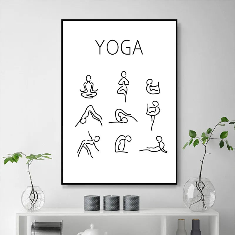 affiche yoga blanc noir minimaliste posture texte salon décoration mur moderne illustration frame toile