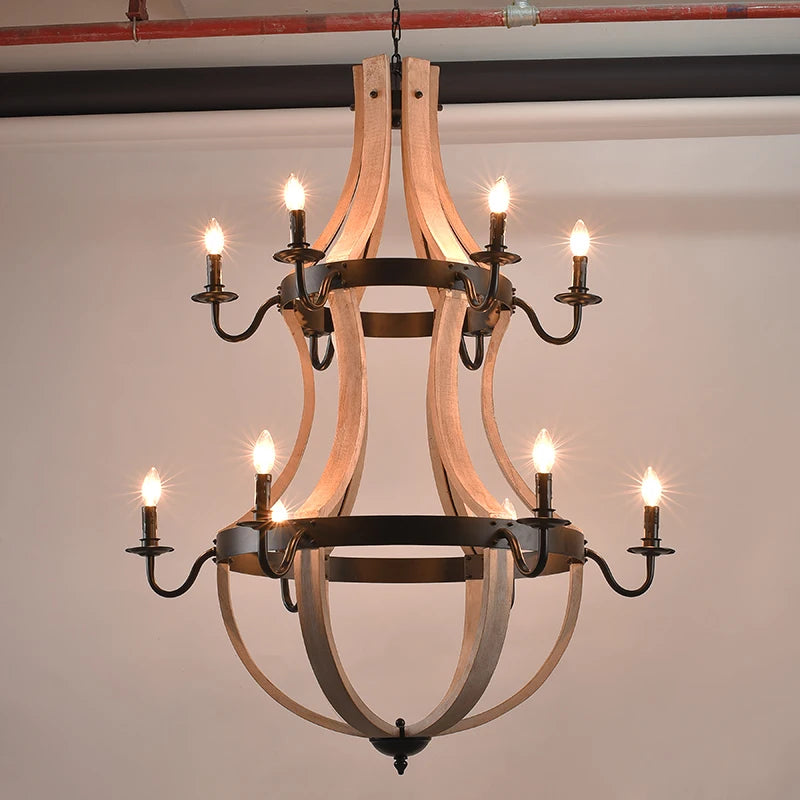 chandelier rustique bois marron vieilli 12 lumières suspension industrielle
