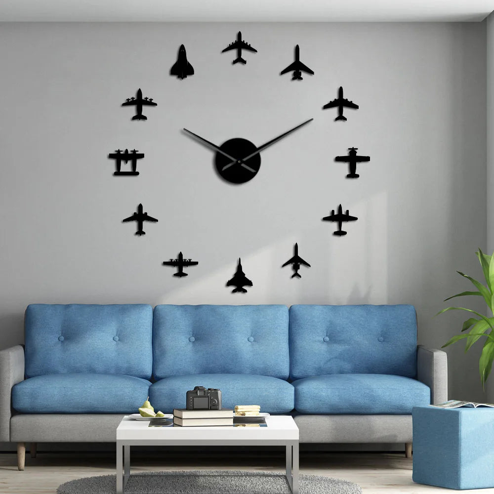 Horloge murale acrylique 3D avion de chasse effet miroir or