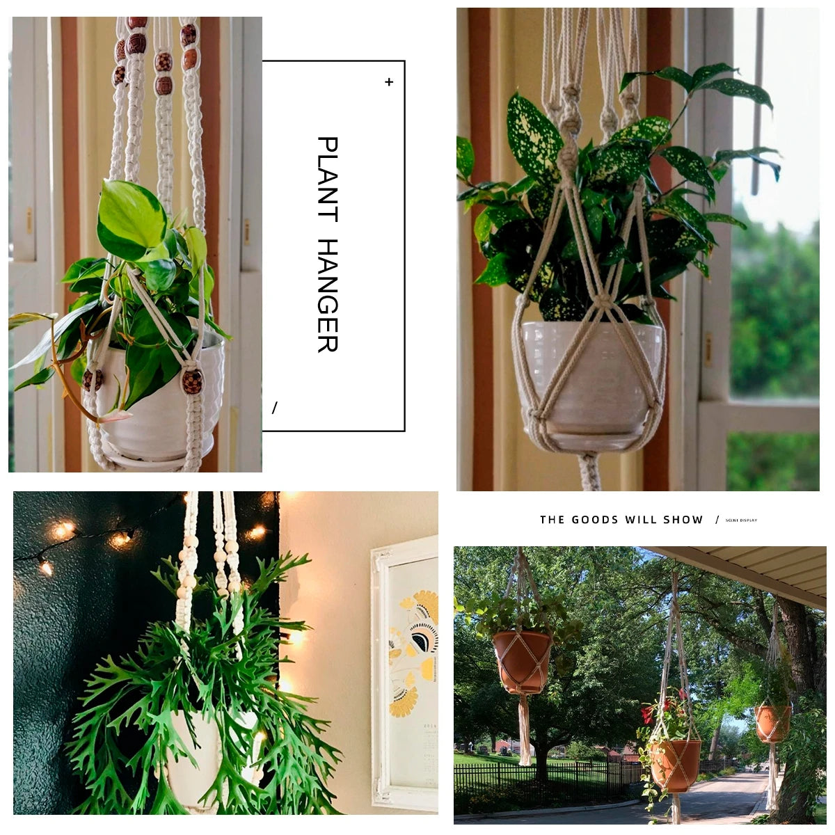 plante suspendue macramé décoratives boho artisanale pot fleur blanc anneaux métalliques decoration murale cour
