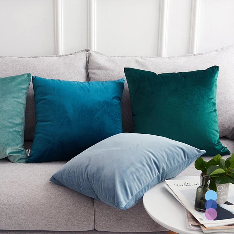coussin velours moderne 50x50cm bleu vert orange gris sans fixations machine lavable