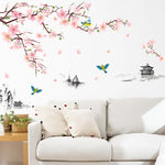 autocollant mural fleurs cerisier oiseaux paysage traditionnel chinois résistant eau dimension 240cm 150cm peinture