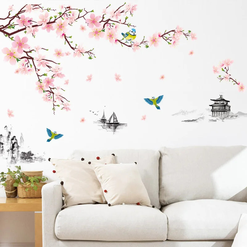 autocollant mural fleurs cerisier oiseaux paysage traditionnel chinois résistant eau dimension 240cm 150cm peinture
