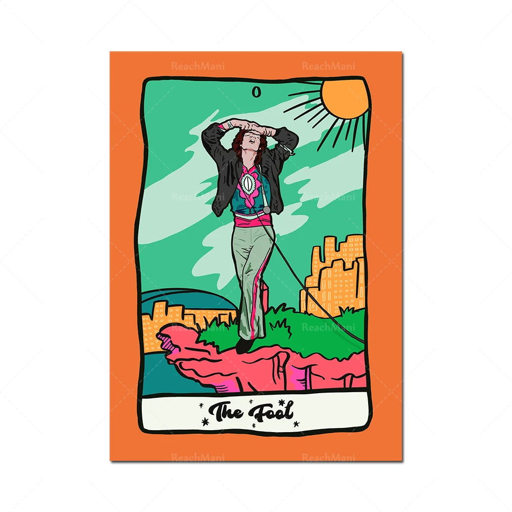 Sur cette illustration colorée, on voit une personne debout devant un paysage urbain et naturel, les mains sur la tête, sous un soleil brillant, avec le titre "The Fool" en bas.