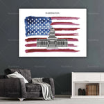 L'image représente le drapeau des États-Unis et le Capitole de Washington, le siège du gouvernement fédéral américain.