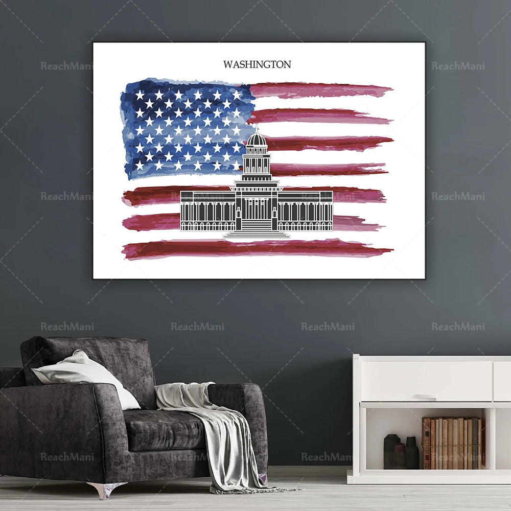 L'image représente le drapeau des États-Unis et le Capitole de Washington, le siège du gouvernement fédéral américain.