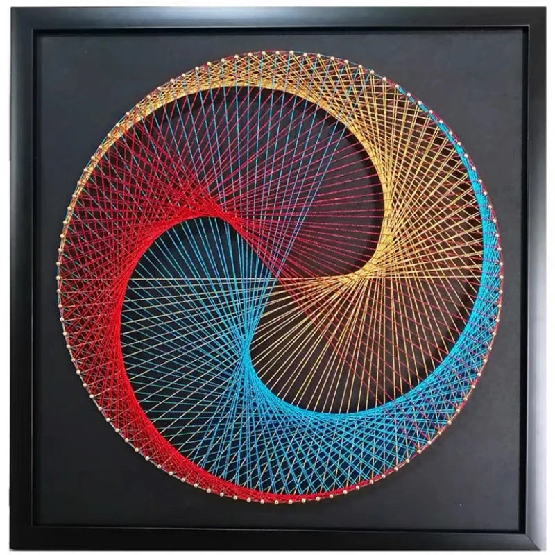 tableau cadre fil abstrait spirales concentriques moderne rouge bleu jaune noir décoration murale