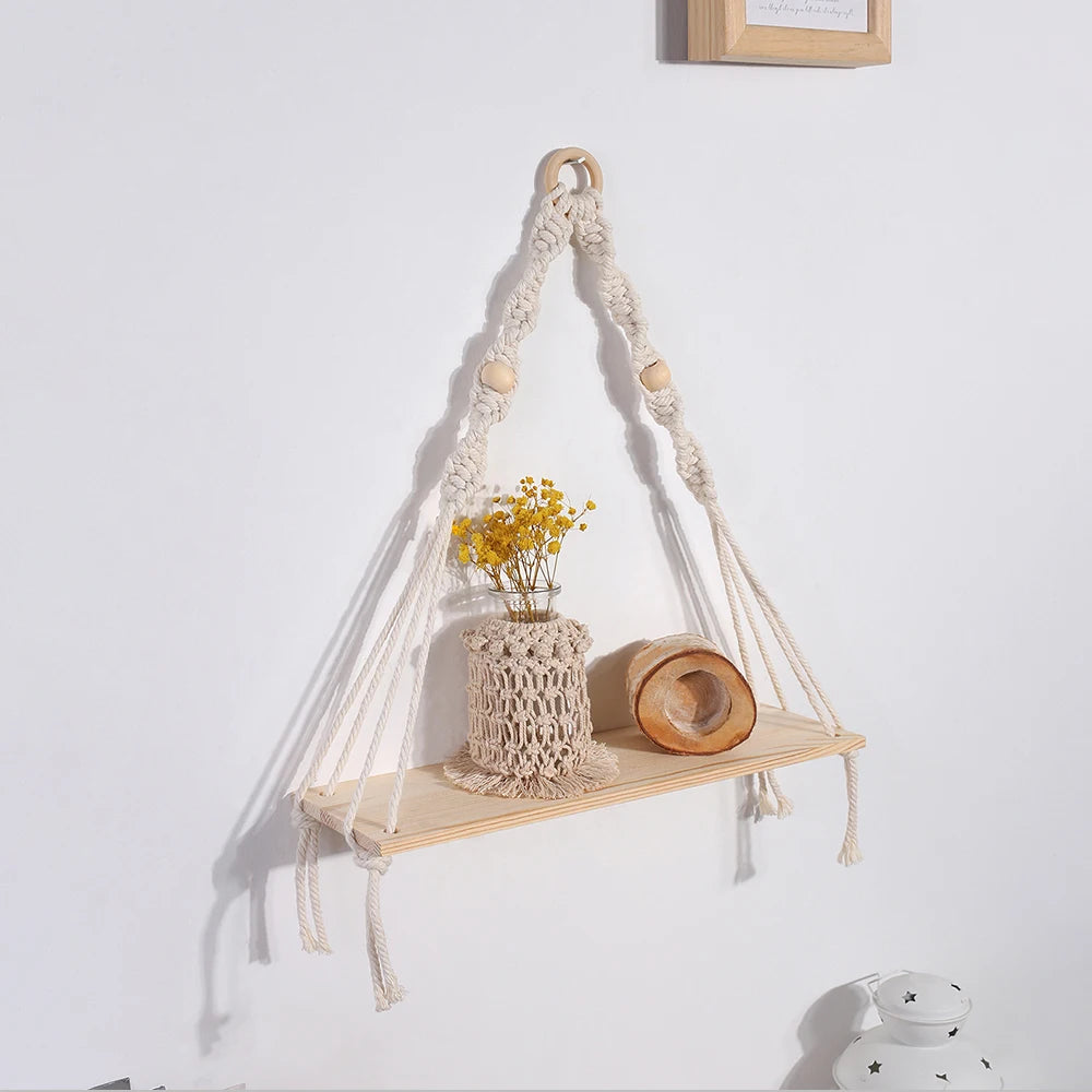 étagères suspendues boho blanc macramé bois rustique anneaux métalliques chambre salon étude decoration cadeau