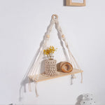 étagères suspendues boho blanc macramé bois rustique anneaux métalliques chambre salon étude decoration cadeau