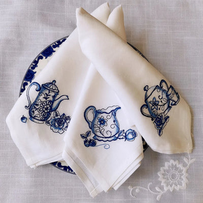 Set de 3 serviettes de cuisine en lin brodé bleu et blanc