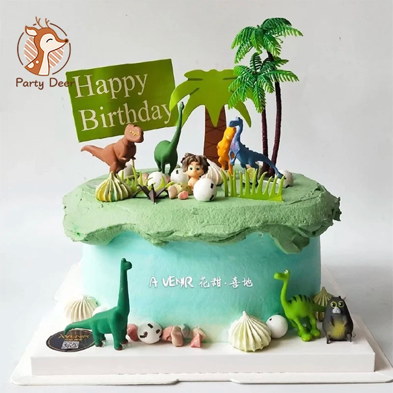 décoration gâteau anniversaire dinosaures animaux palmiers happy birthday figurines enfants motifs jungle
