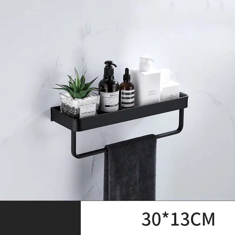 étagère salle bain double niveau murale alliage aluminium noir lisse moderne serviettes pots crèmes