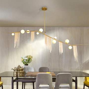 suspension lumineuse moderne or franges led touchette interrupteur chrome poli