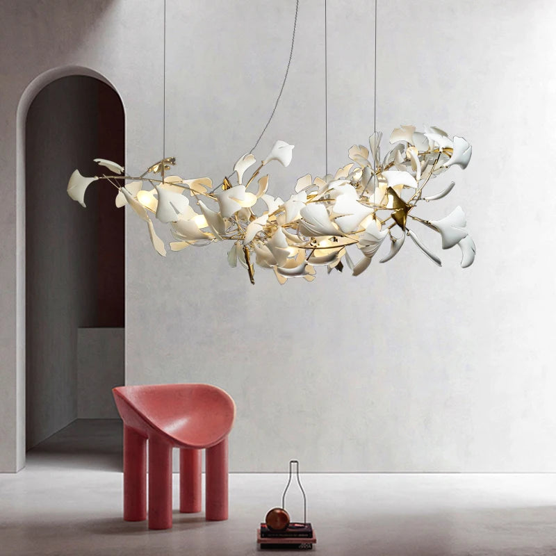 lampe suspendue feuilles gingko blanc doré contemporaine élégante salon chambre lumière chaînes porcelainière
