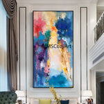 tableau abstrait moderne peintures murales peintes main couleurs vives toile dorée bleu rose vert