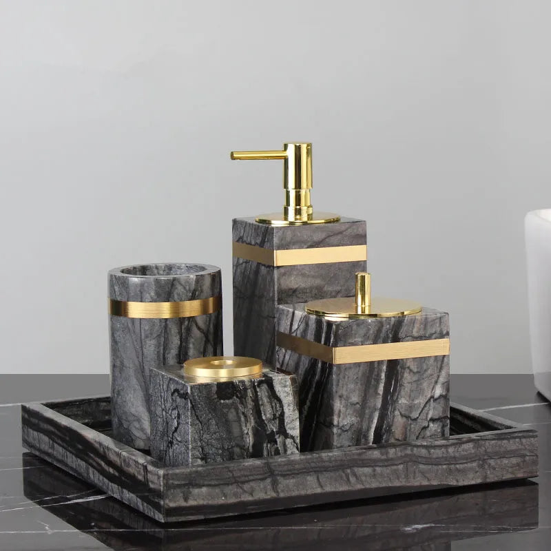 ensemble produits salle bain marbre gris moderne élégant brosse dents distributeur savon gobelet tube