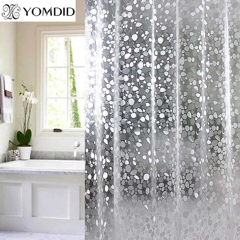 rideau douche moderne transparent gris clair blanc motifs géométriques anneaux métalliques respectueux environnement