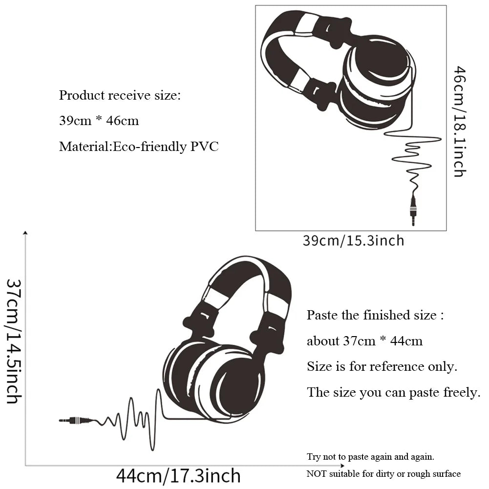 autocollant mural moderne casque audio noir adhésif pvc résistant eau dimension 37cm 44cm chambre