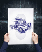 Une illustration en noir et blanc d'une voiture futuriste, avec des détails techniques et des éléments surréalistes.