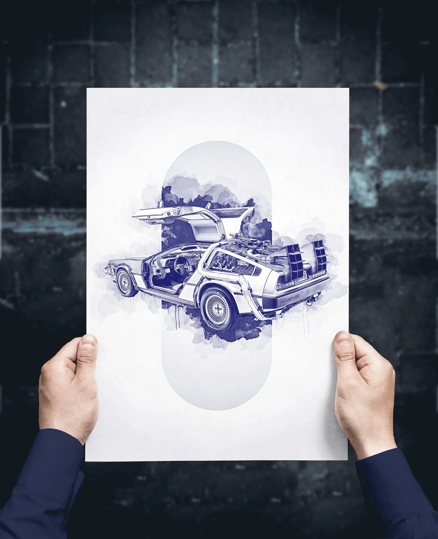 Une illustration en noir et blanc d'une voiture futuriste, avec des détails techniques et des éléments surréalistes.