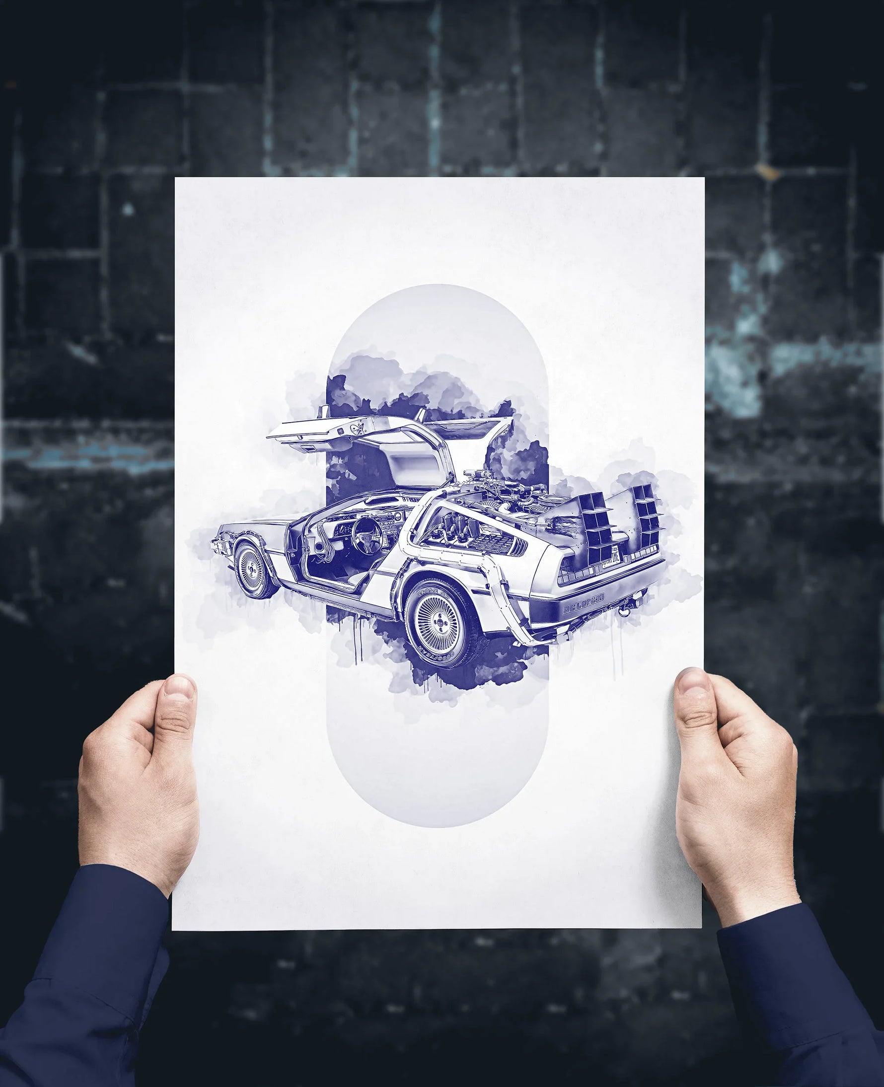 Une illustration en noir et blanc d'une voiture futuriste, avec des détails techniques et des éléments surréalistes.