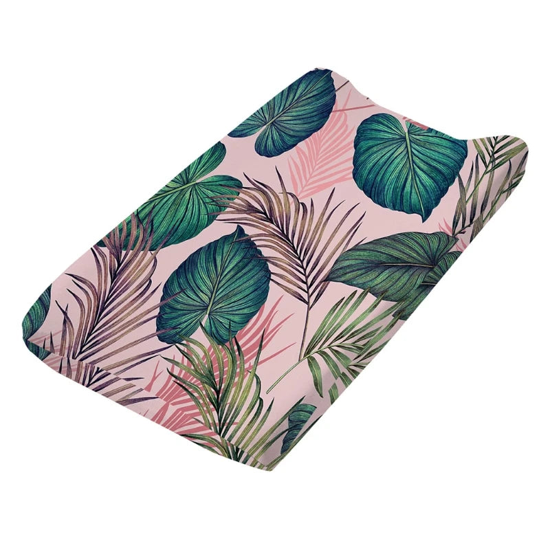 housse matelas langer coton feuilles tropicales moderne vert rose bleu blanc