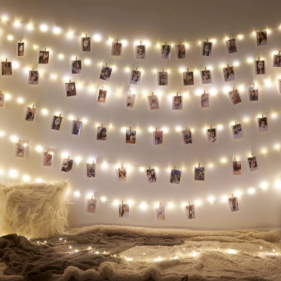 guirlande lumineuse led fil cuivre clips photo bois décoration noël mariage intérieur extérieur blanc