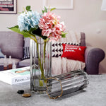 vase verre transparent moderne rayures horizontales couleurs vert gris rose rouge dorés fleurs artificielles