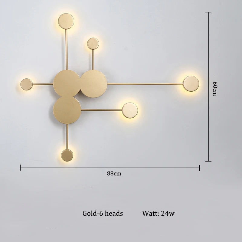 lampes murales modernes abstrait cercles tiges métalliques noir doré minimaliste têtes