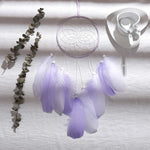 attrape rêves traditionnel plumes bois blanc rose violet bleuclair fil suspension