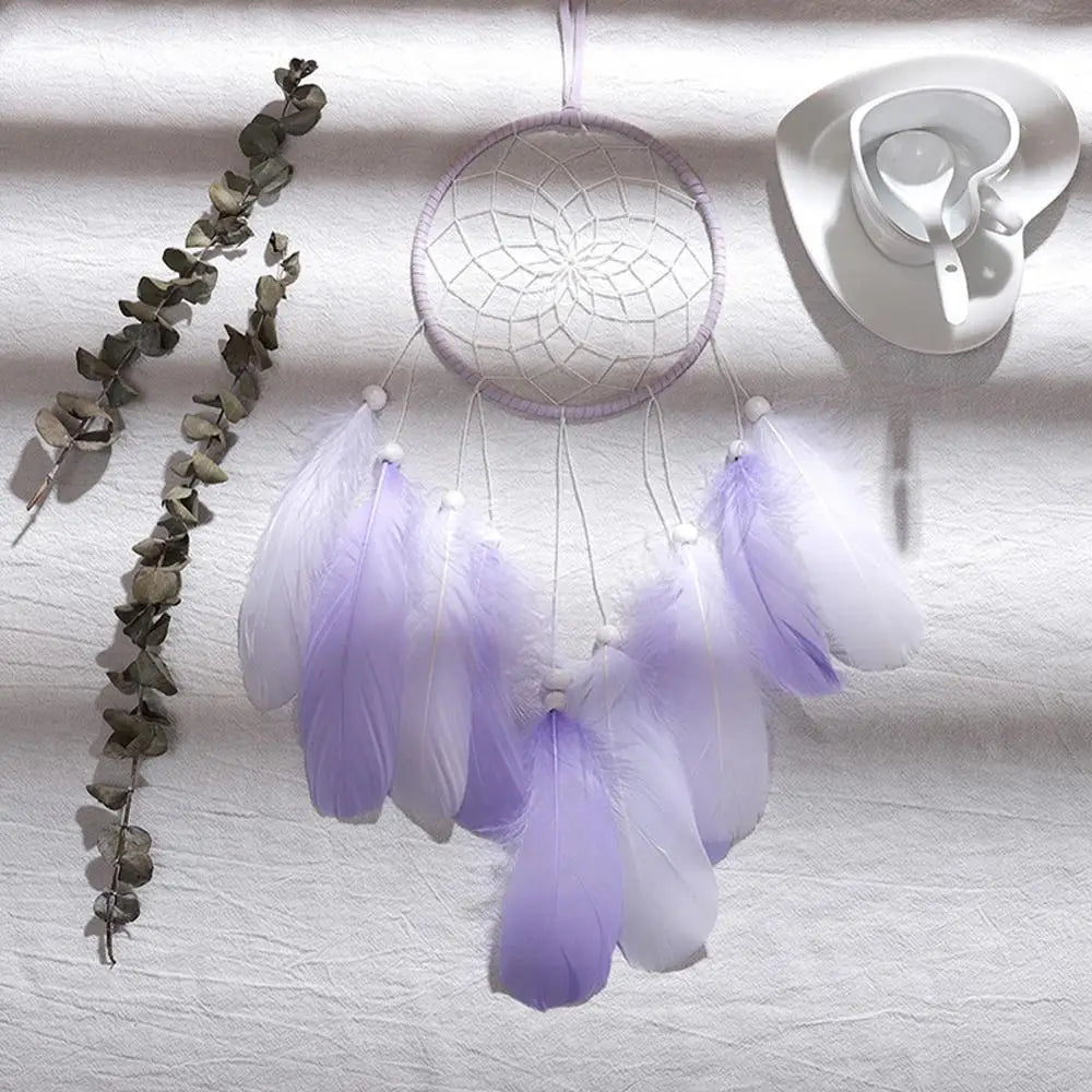 attrape rêves traditionnel plumes bois blanc rose violet bleuclair fil suspension