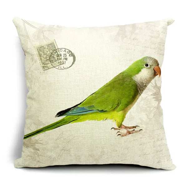 housse coussin carrée imprimé perroquets vintage polyester coton beige décoration canapé lit voiture
