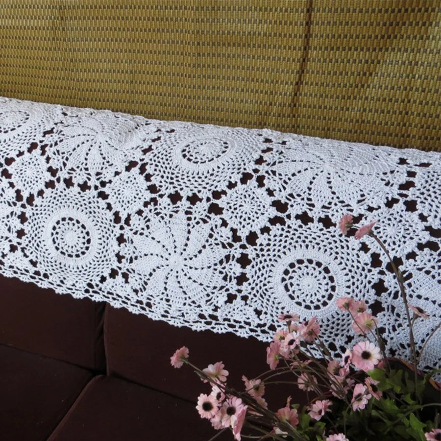 nappe coton crochetée fleur motif rustique table manger blanc cassé crème ajourée vintage 40x100cm