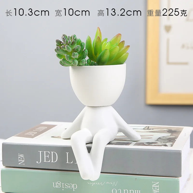 cache pot céramique blanc noir personnage assis contemporain plante succulente minimaliste ornement décoration artisanale