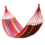 hamac rayures horizontales bleu rouge simple rustique sac rangement cordelettes suspension