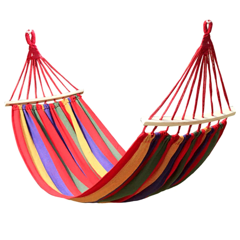 hamac rayures horizontales bleu rouge simple rustique sac rangement cordelettes suspension