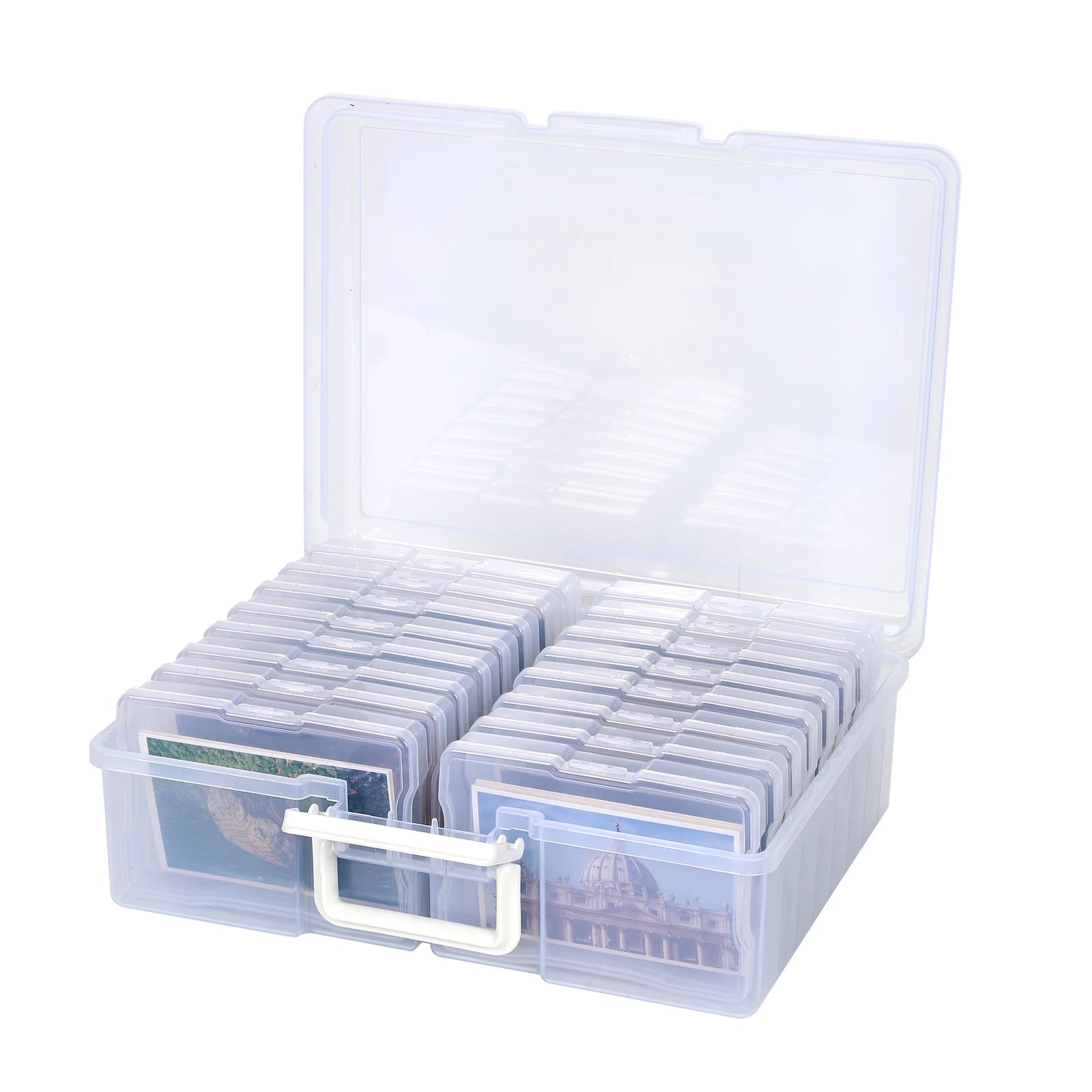Boîte de rangement photo plastique blanche ouverte montrant les 16 compartiments