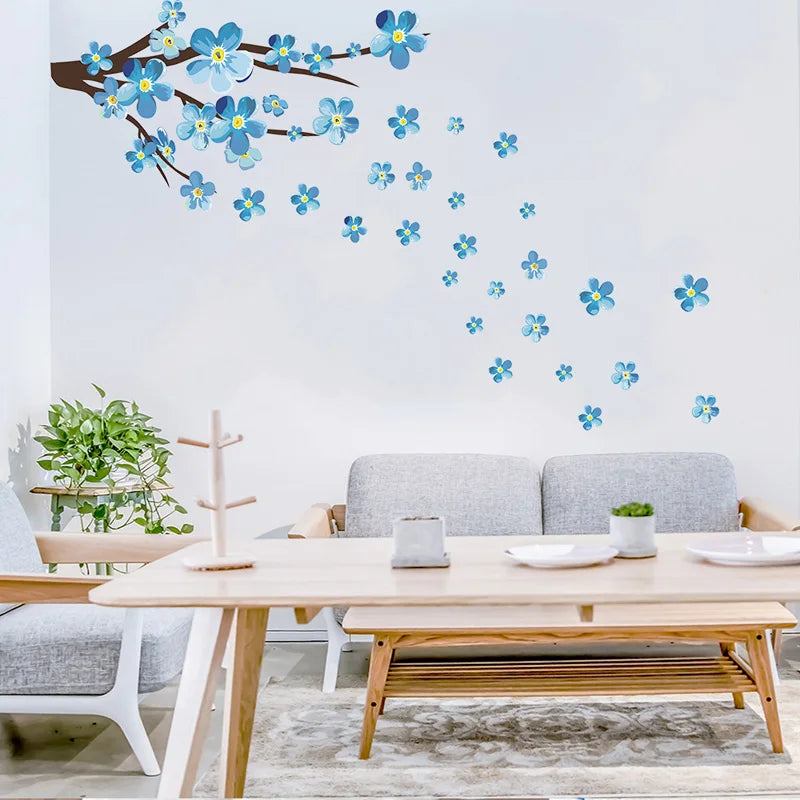 Stickers muraux adhésifs fleurs bleu blanches moderne décoration intérieure chambre salon 90x35cm