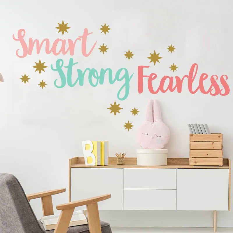 sticker mural moderne smart strong fearless étoiles dorées enfantin rose bleuclair opaque chambre coucher