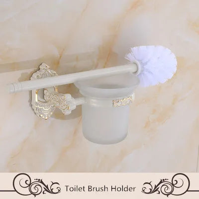 étagère salle bain blanc doré ornements sculptés finition art déco porte serviettes savon brosse