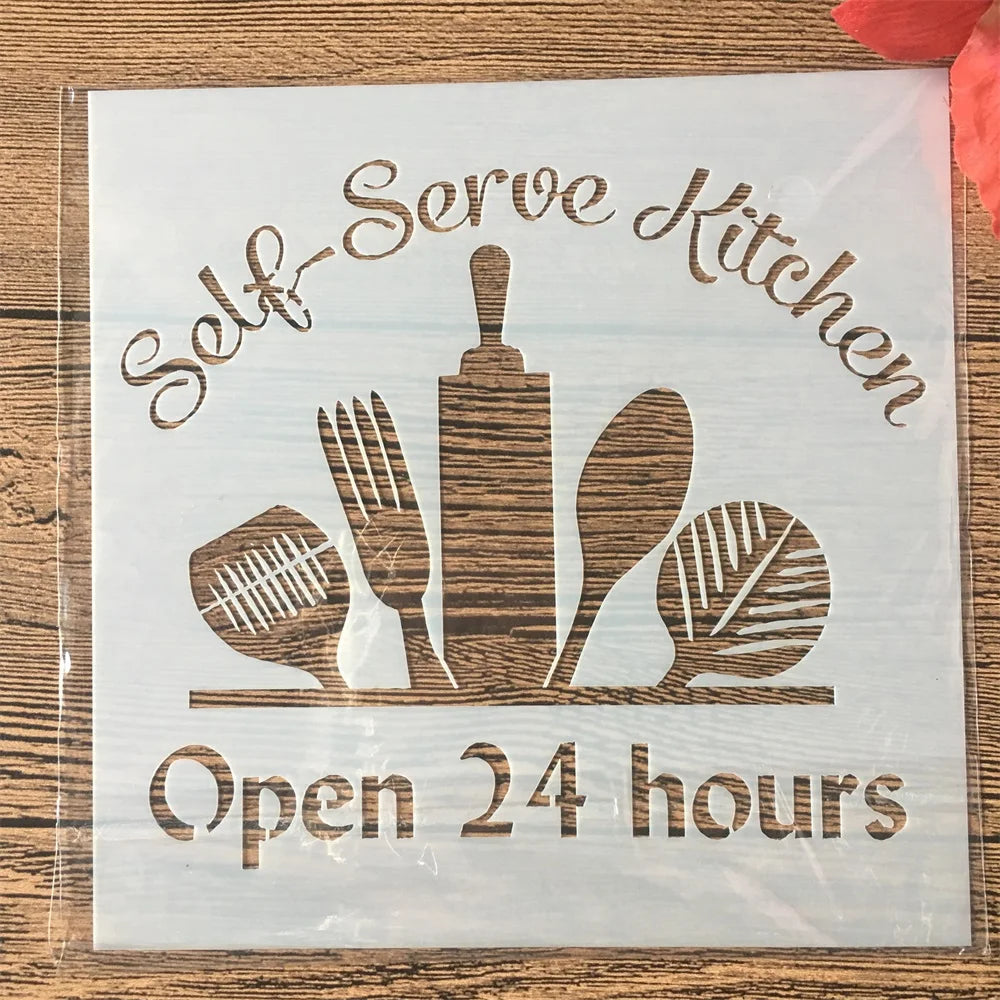 pochoirs cuisine autocollants blanc brun motifs couteaux spatule rouleau pâtisserie cuillère texture boisOpaque graphique