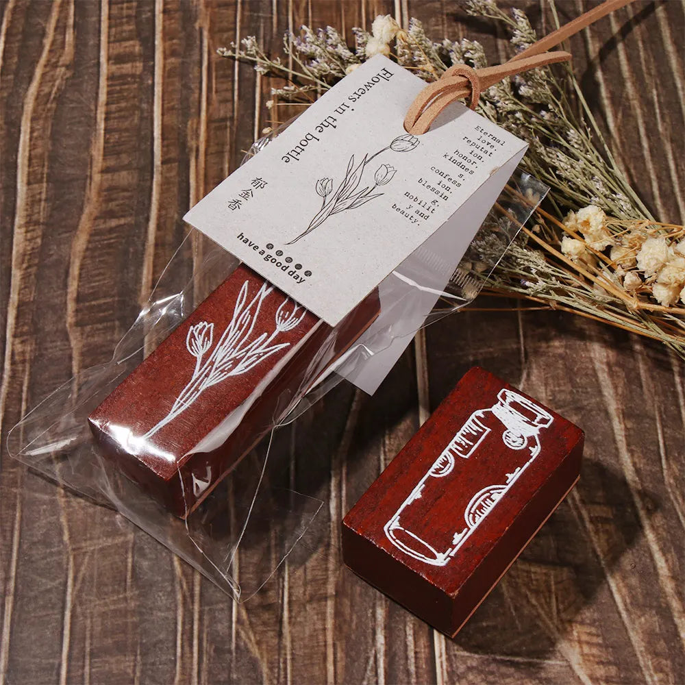 tampons bois floral decoration craft couture scrapbooking artisanat vintage motifs naturels