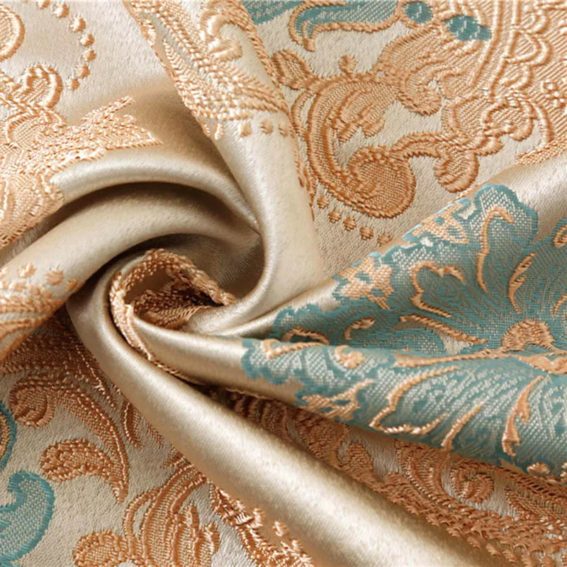 rideau européen classique beige bleu clair motifs floraux dorés opaques tassel doré