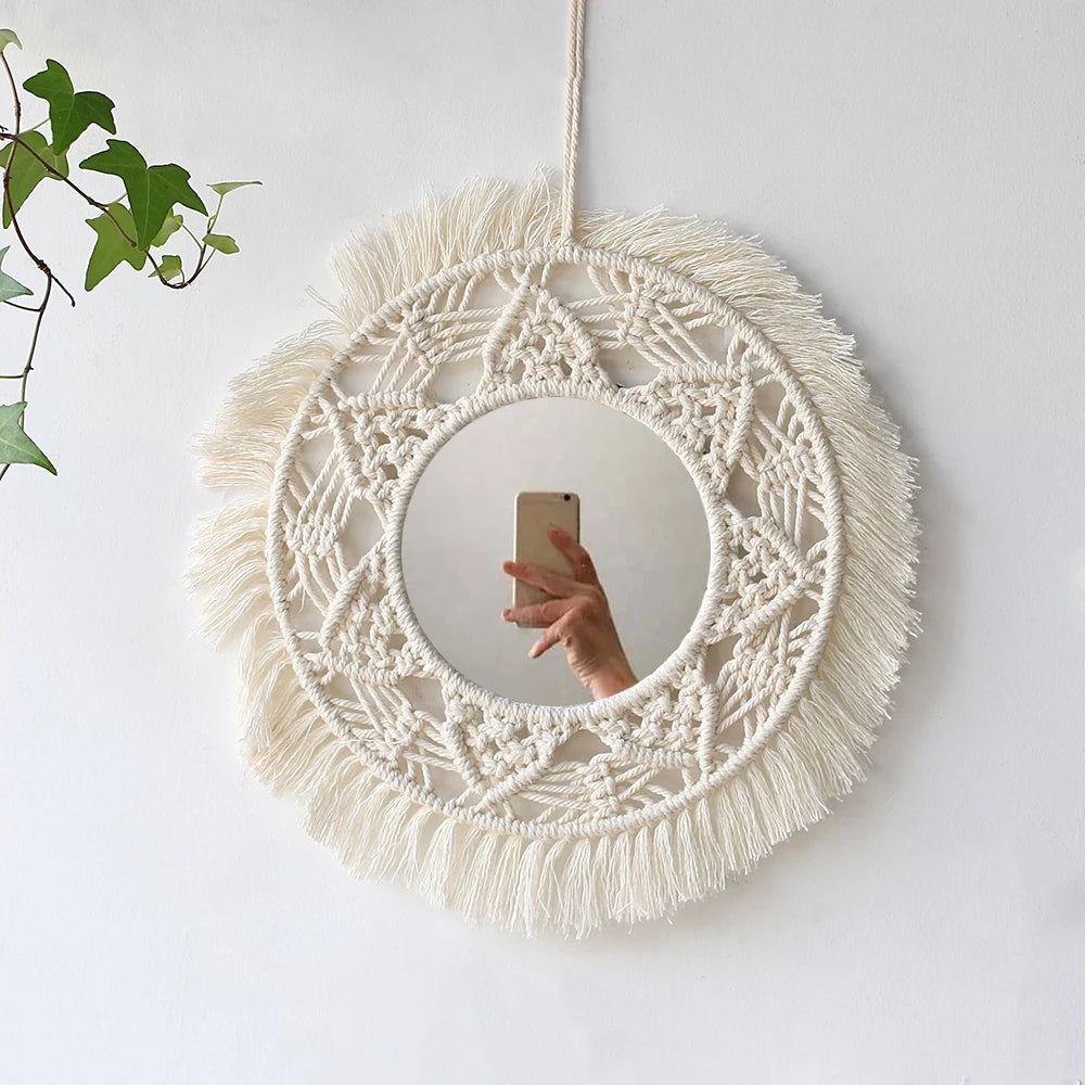 miroir décoratif boho blanc beige macramé franges artisanal