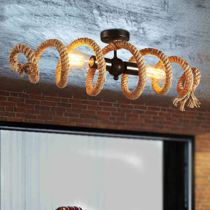 suspension lumineuse industrielle corde tressée marron clair noir filaments led tactile