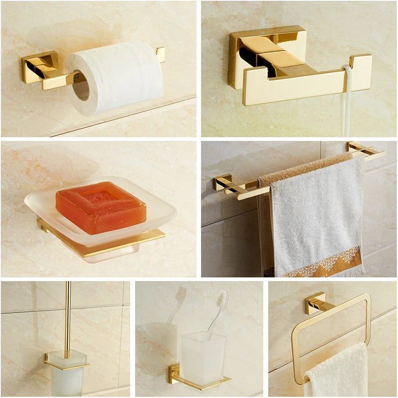 accessoires salle bain or blanc moderne vis papier toilette savon serviettes brosse dents élégant