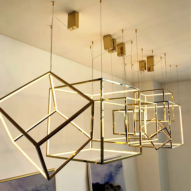 suspension moderne or blanc géométrique forme cubique minimaliste led aluminium
